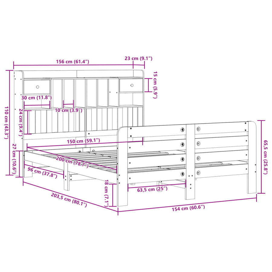 Bed met boekenkast zonder matras grenenhout wasbruin 150x200 cm