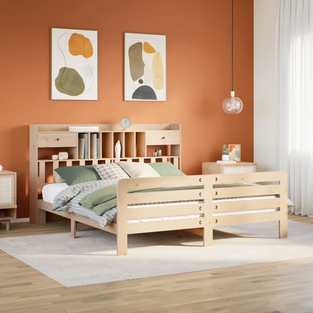 Bed Met Boekenkast Zonder Matras Massief Grenenhout 180 x 200 cm Naturel