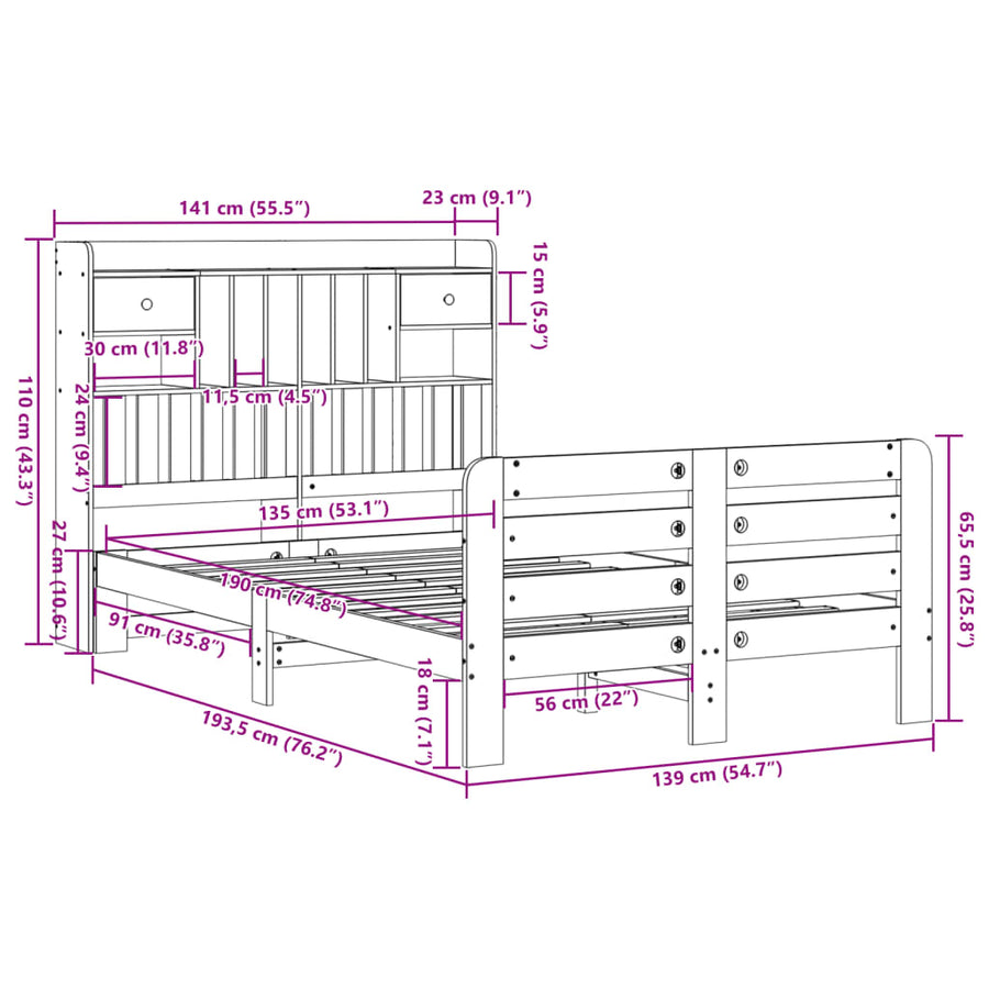 Bed met boekenkast zonder matras massief grenenhout 135x190 cm
