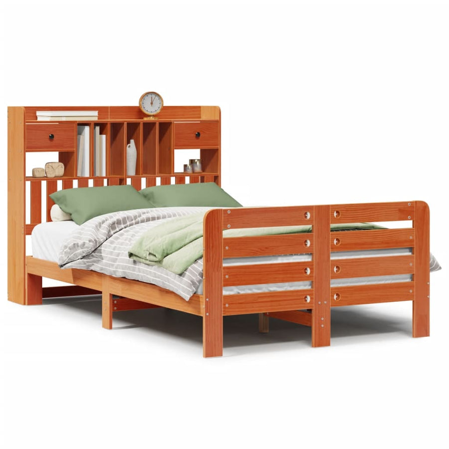 Bed met boekenkast zonder matras grenenhout wasbruin 135x190 cm
