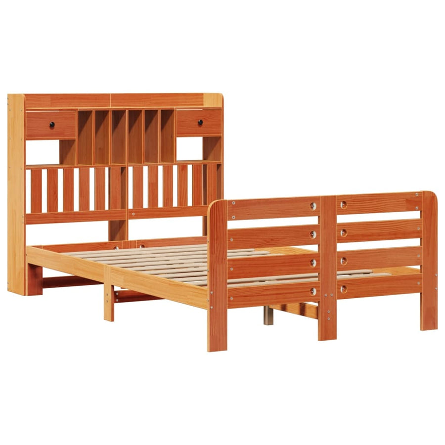 Bed met boekenkast zonder matras grenenhout wasbruin 135x190 cm