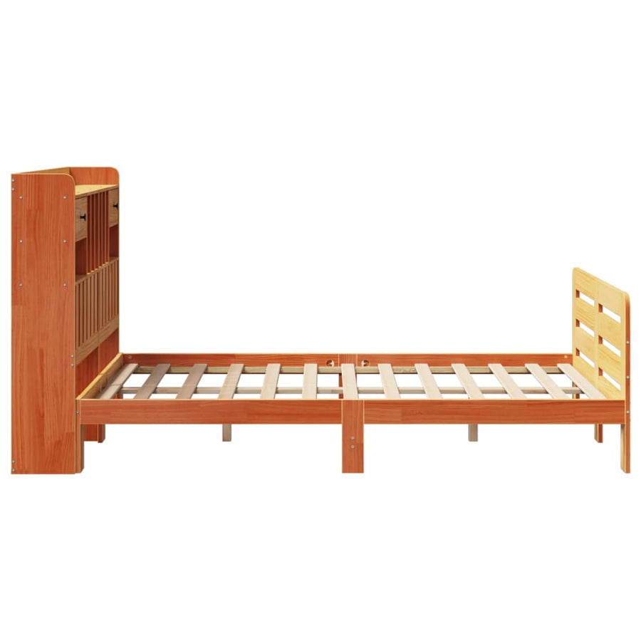 Bed met boekenkast zonder matras grenenhout wasbruin 135x190 cm