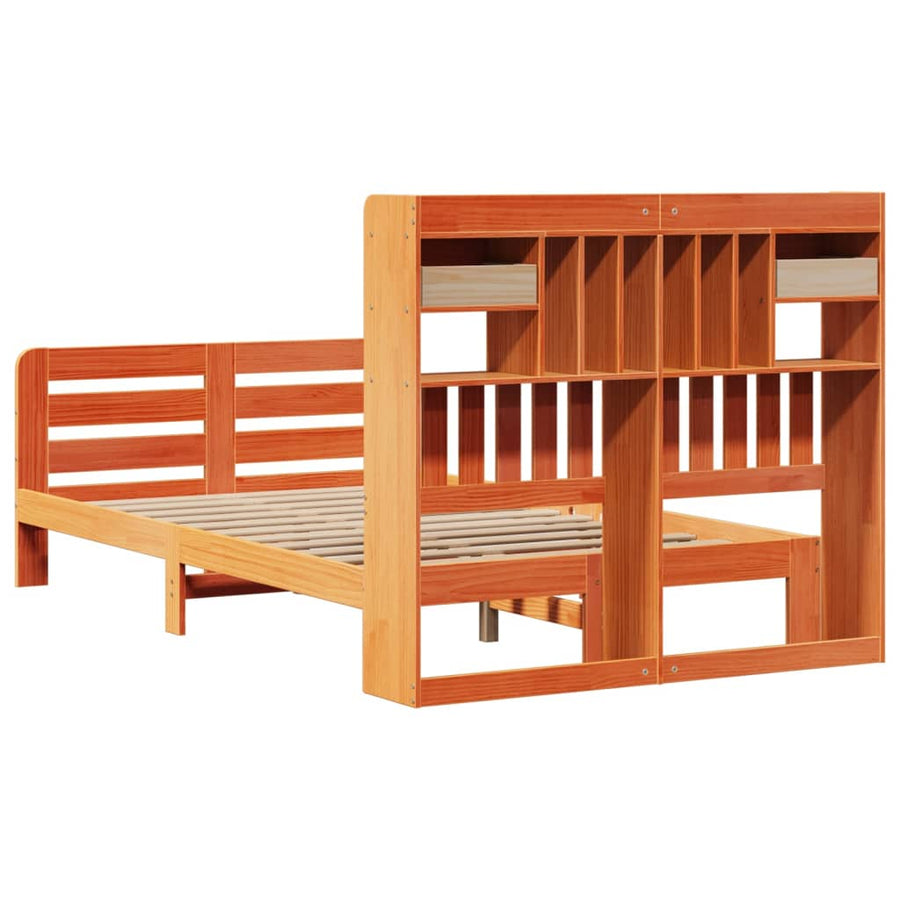 Bed met boekenkast zonder matras grenenhout wasbruin 135x190 cm