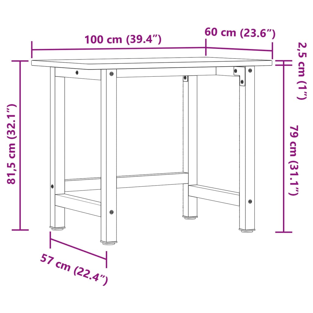 Werkbank rechthoek 100x60x81,5 cm massief eikenhout lichtbruin