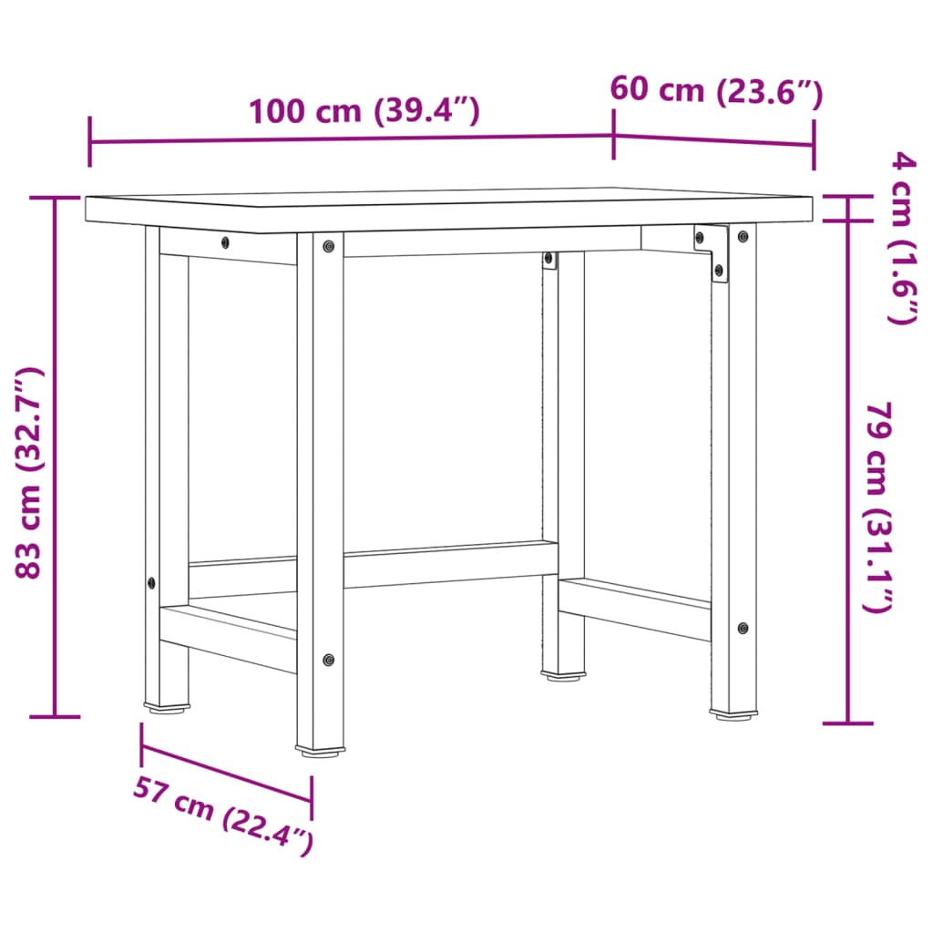 Werkbank rechthoekig 100x60x83 cm massief acaciahout