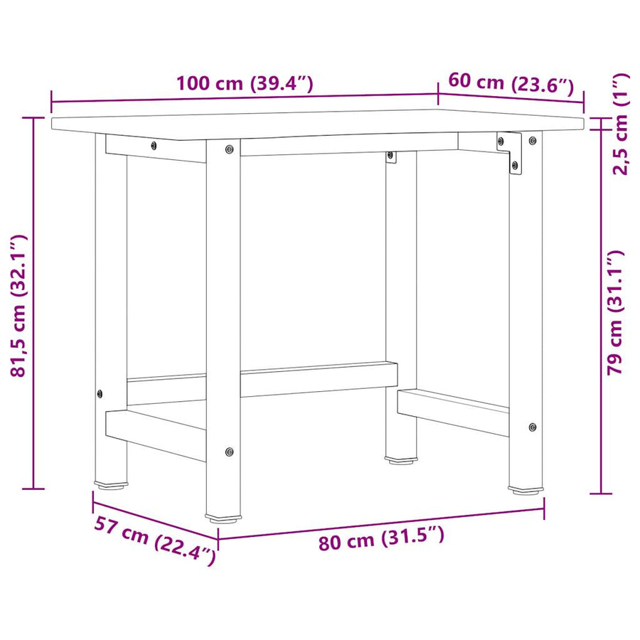 Werkbank 100x60x81,5 cm massief eikenhout lichtbruin