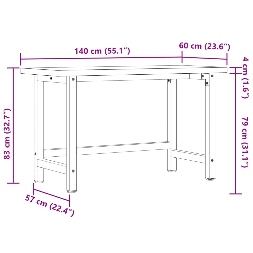 Werkbank rechthoekig 140x60x83 cm massief acaciahout