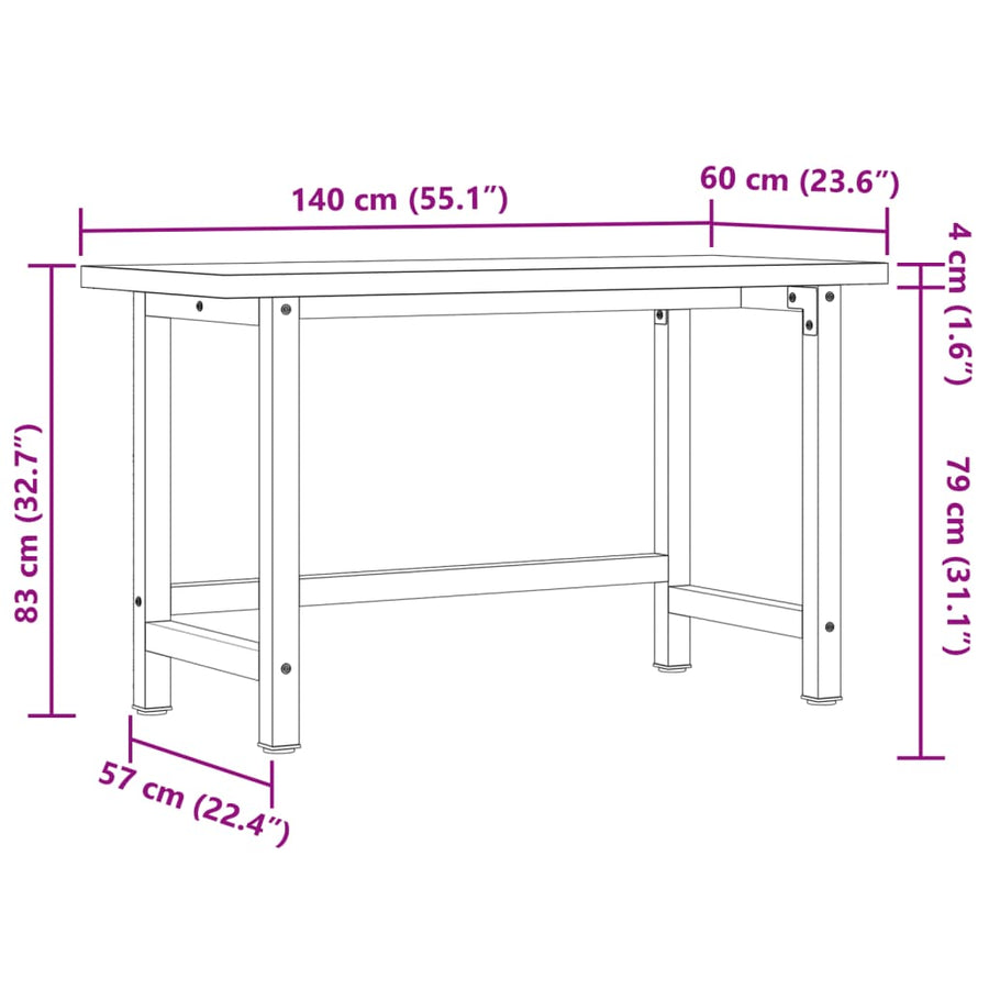 Werkbank rechthoekig 140x60x83 cm massief acaciahout