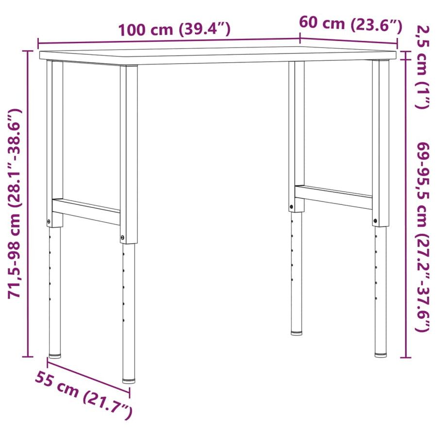 Werkbank rechthoekig 100x60x(71,5-98) cm massief eikenhout