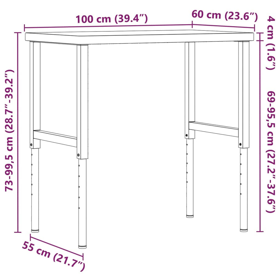 Werkbank rechthoekig 100x60x(73-99,5) cm massief eikenhout