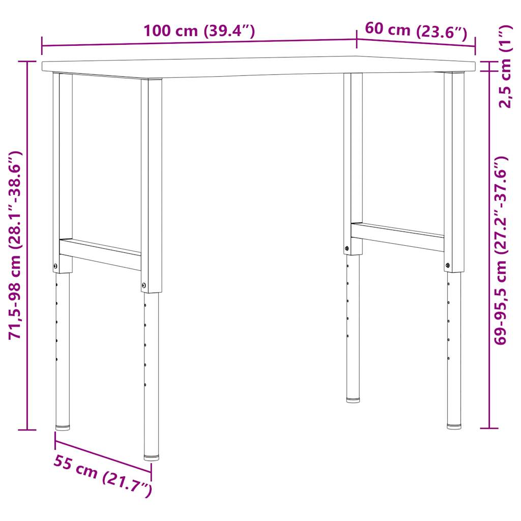 Werkbank 100x60x(71,5-98) cm eikenhout donkerbruin