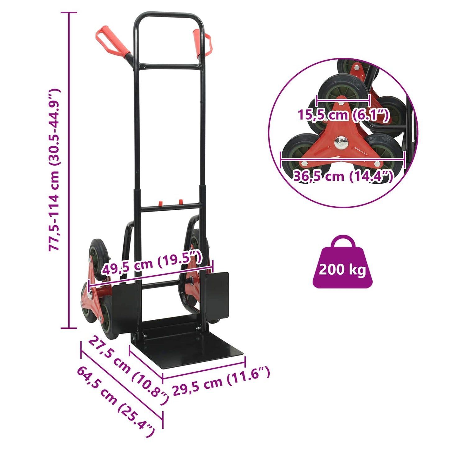Handtrolley Zwart en Rood 64,5 x 49,5 x 114 cm Staal