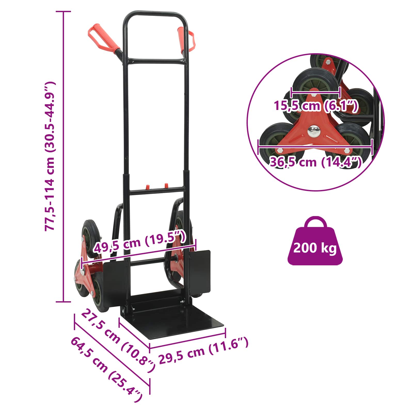 Handtrolley Zwart en Rood 64,5 x 49,5 x 114 cm Staal
