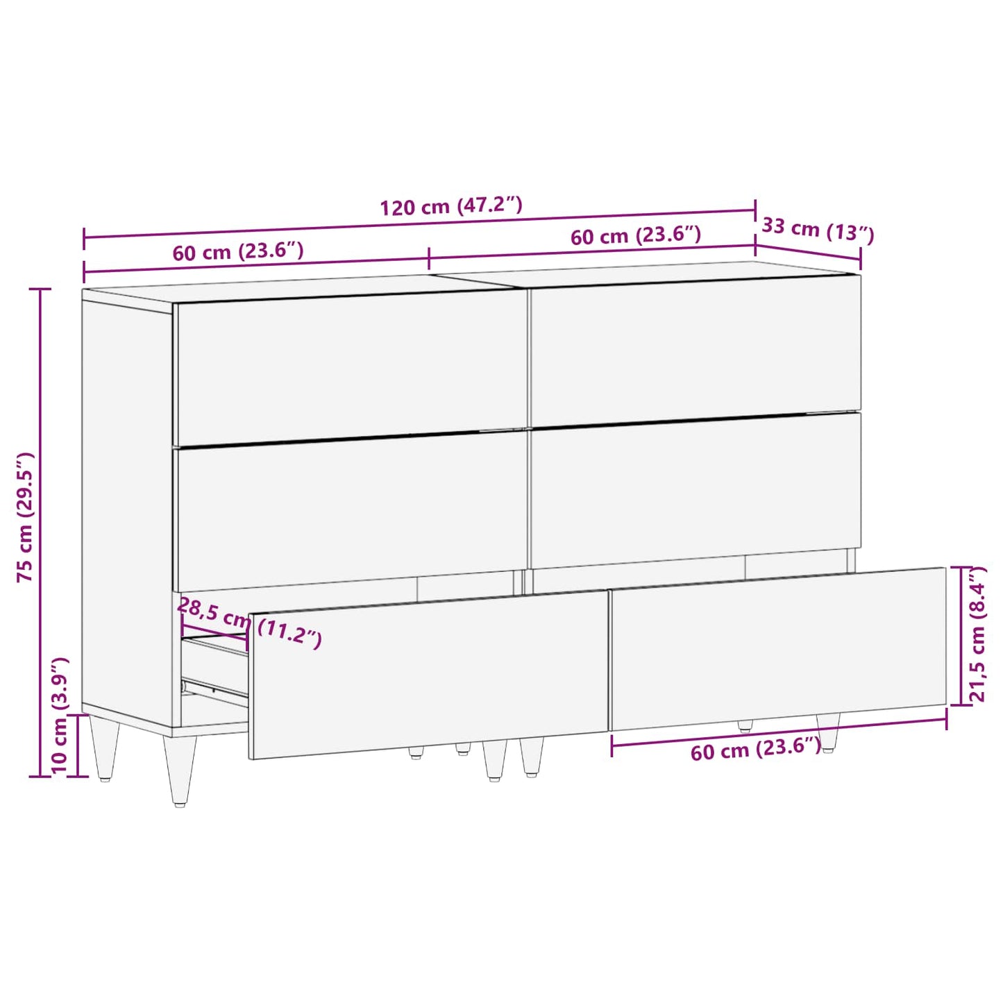 Opslagkasten 2 st 120 x 33 x 75 cm Massief Mango Hout