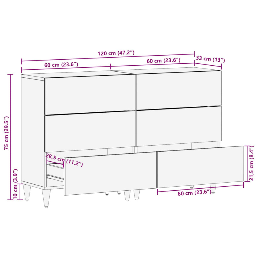Opslagkasten 2 st 120 x 33 x 75 cm Massief Mango Hout