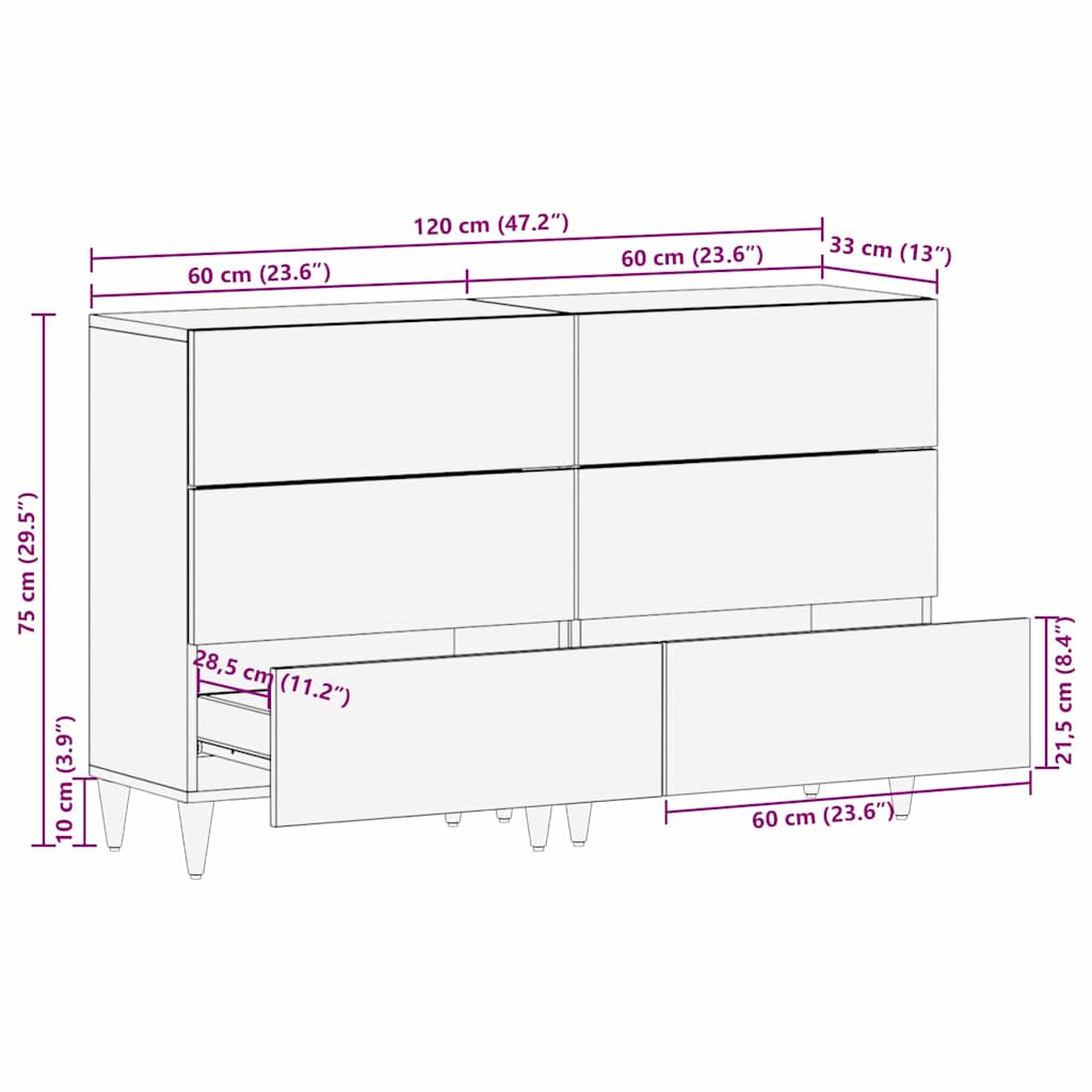 Dressoir 2 pcs Grijs 60 x 33.5 x 75 cm Massief mangohout