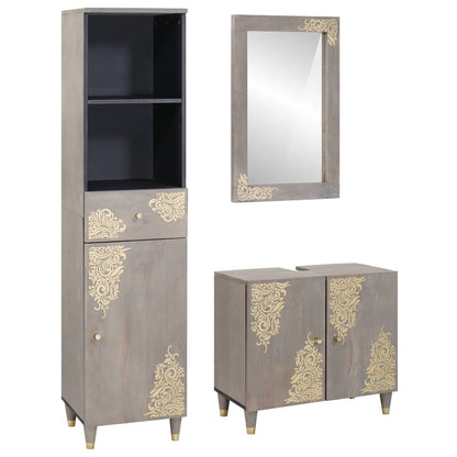 Badkamerkastenset met lade 3 pcs Grijs Massief Mango Hout