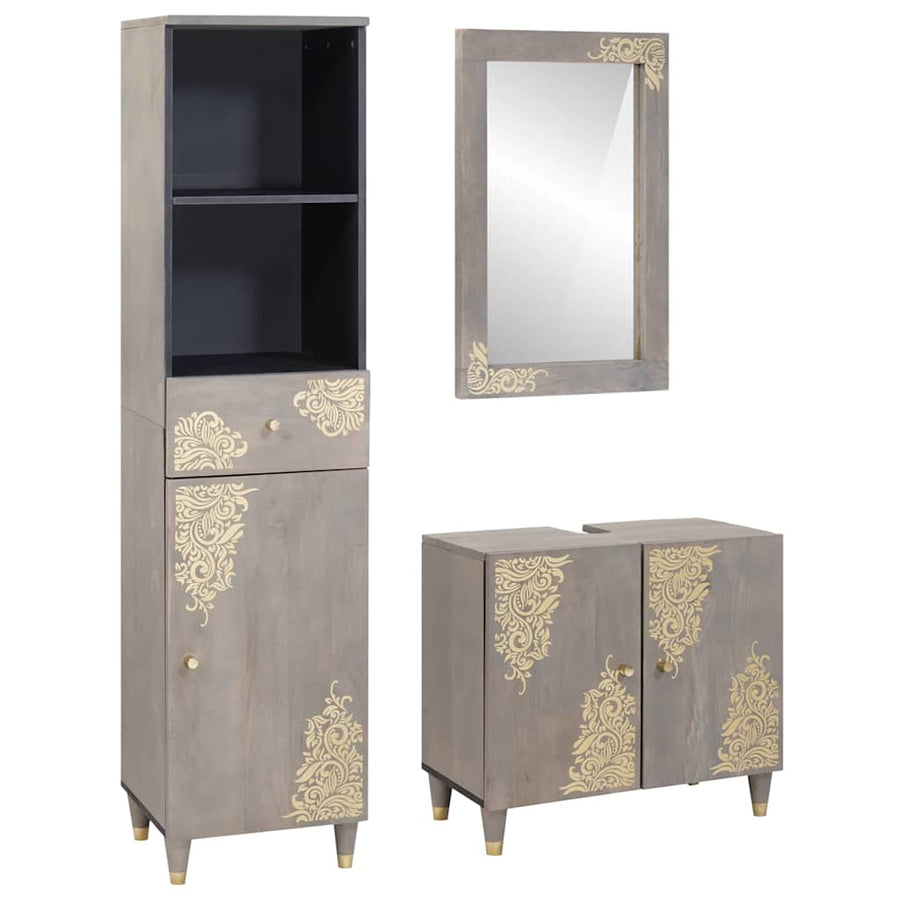 Badkamerkastenset met lade 3 pcs Grijs Massief Mango Hout