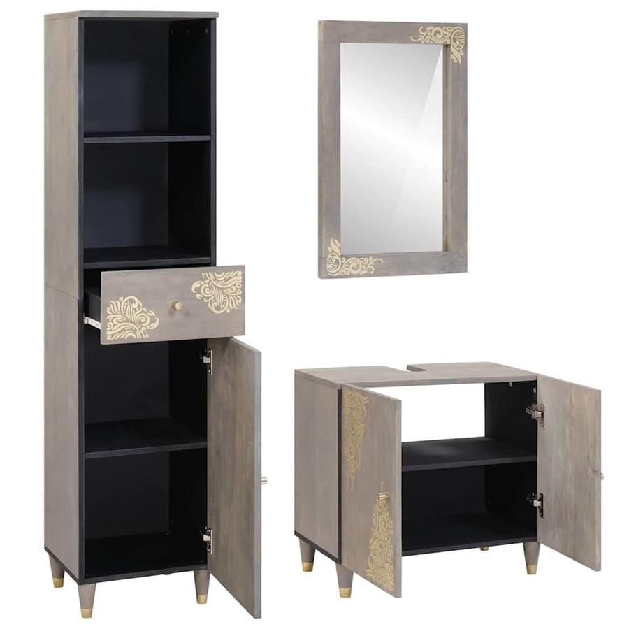 Badkamerkastenset met lade 3 pcs Grijs Massief Mango Hout
