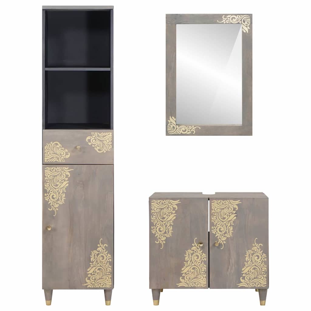 Badkamerkastenset met lade 3 pcs Grijs Massief Mango Hout