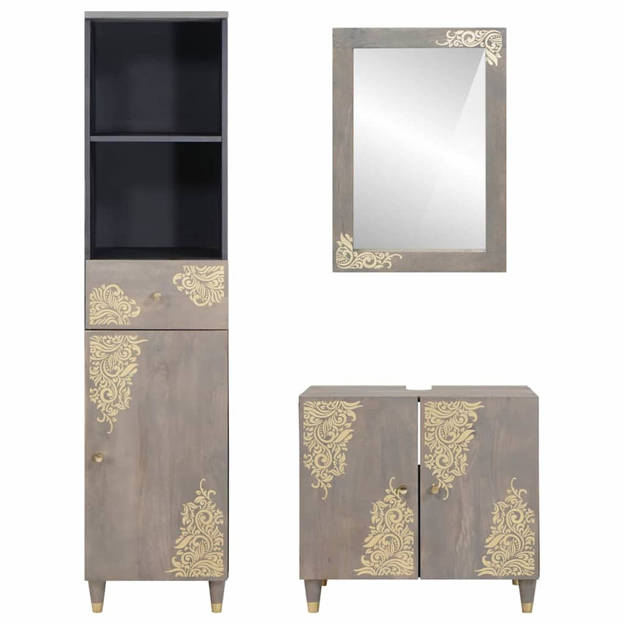 Badkamerkastenset met lade 3 pcs Grijs Massief Mango Hout