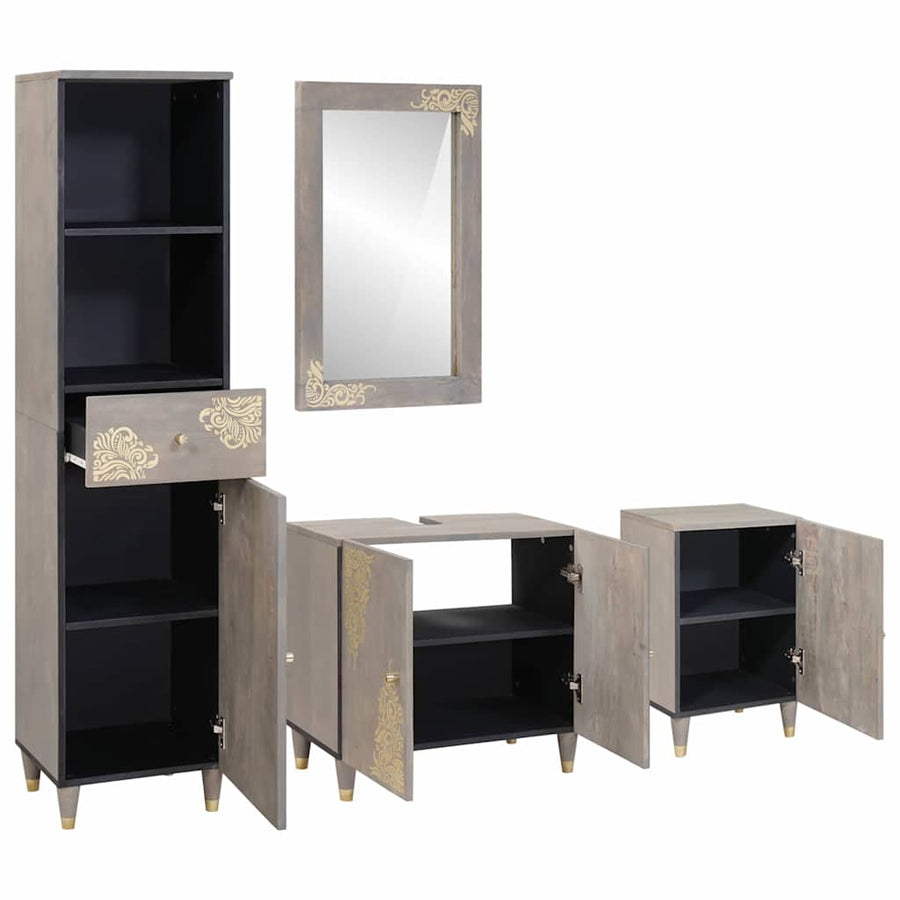 Badkamerkastenset met lade 4 pcs Grijs Massief Mango Hout