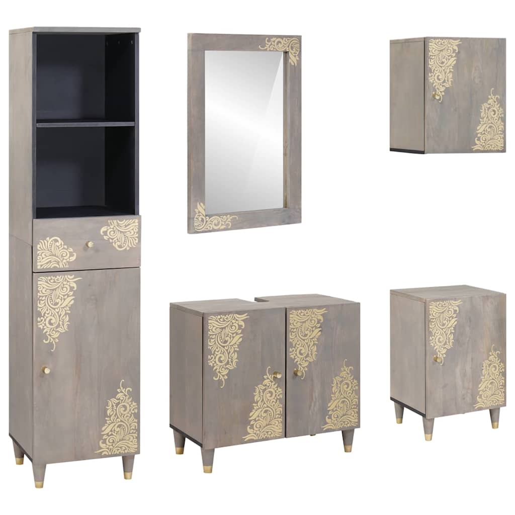 Badkamerkastenset met lade 5 pcs Grijs Massief Mango Hout