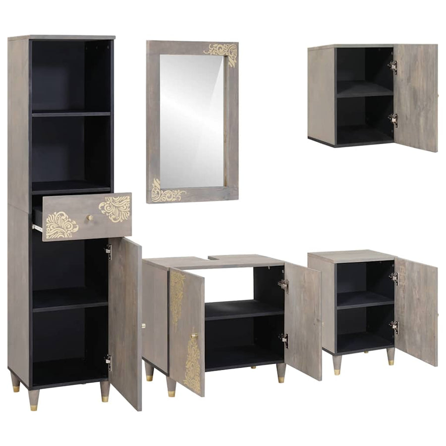 Badkamerkastenset met lade 5 pcs Grijs Massief Mango Hout