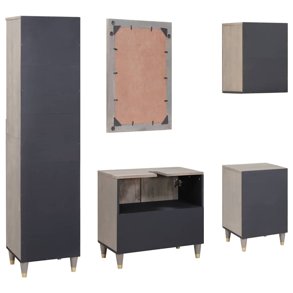 Badkamerkastenset met lade 5 pcs Grijs Massief Mango Hout