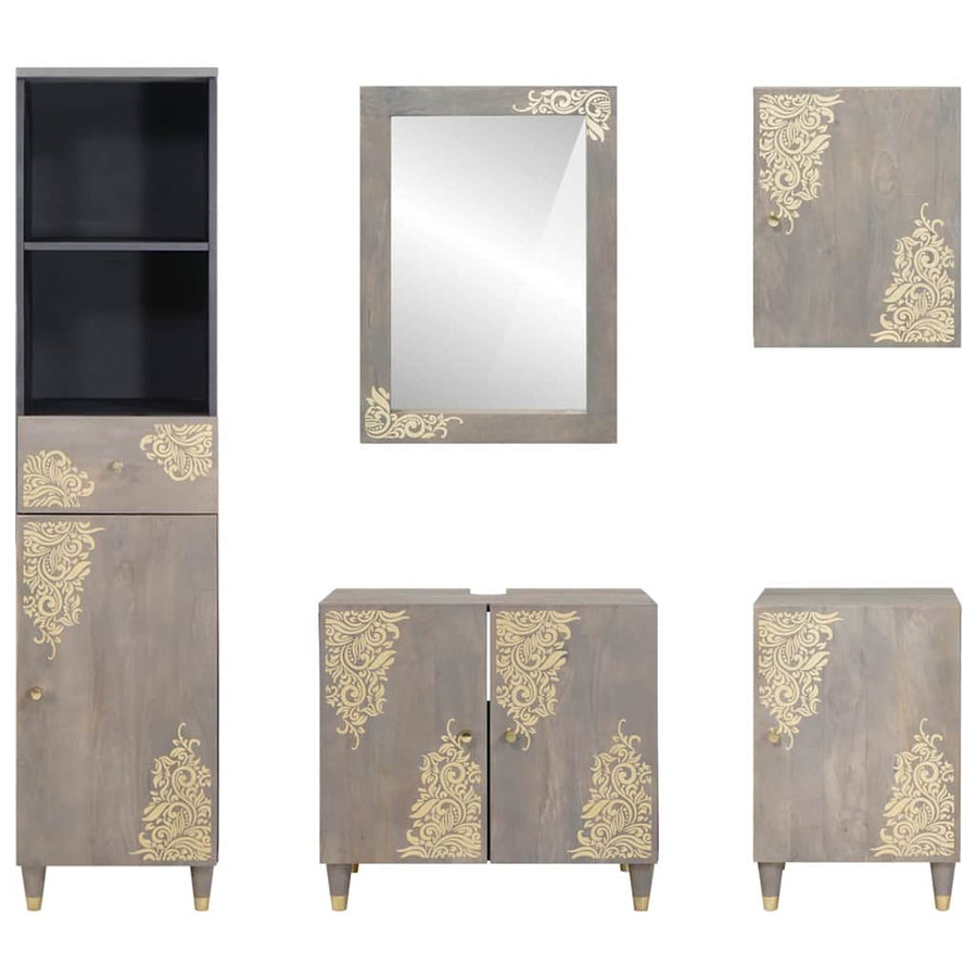 Badkamerkastenset met lade 5 pcs Grijs Massief Mango Hout