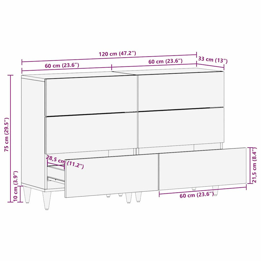 Dressoir 2 pcs Zwart 60 x 33 x 75 cm Massief Mango Hout