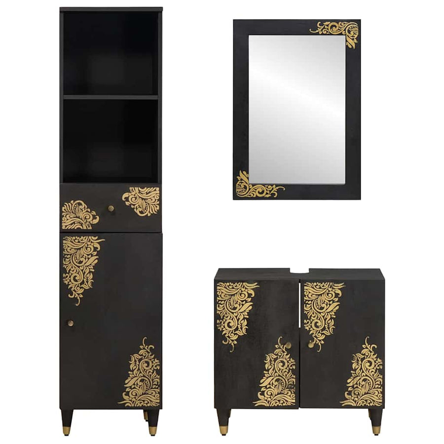 Badkamerkastenset met lade 3 pcs Zwart Massief Mango Hout