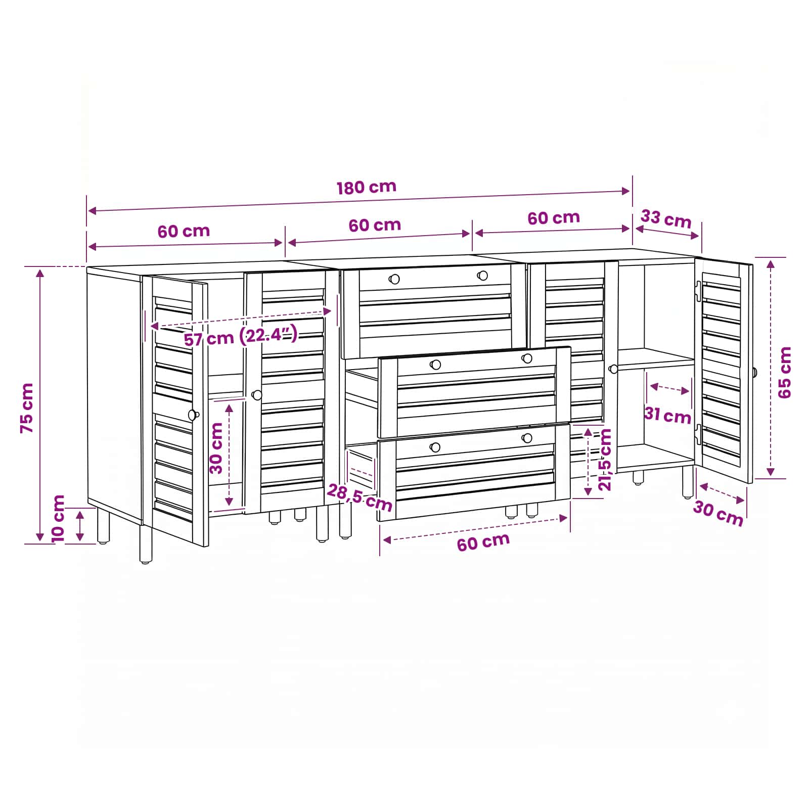 Opslagkasten 3 st 180 x 33 x 75 cm Massief Mango Hout Naturel