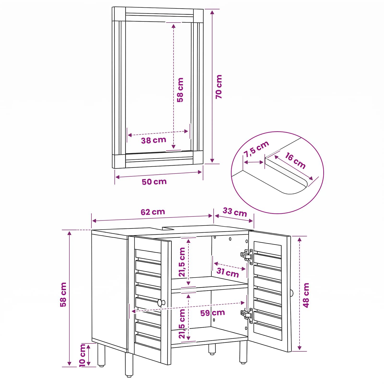Badkamerkastenset 2 st Naturel 62 x 33 x 58 cm