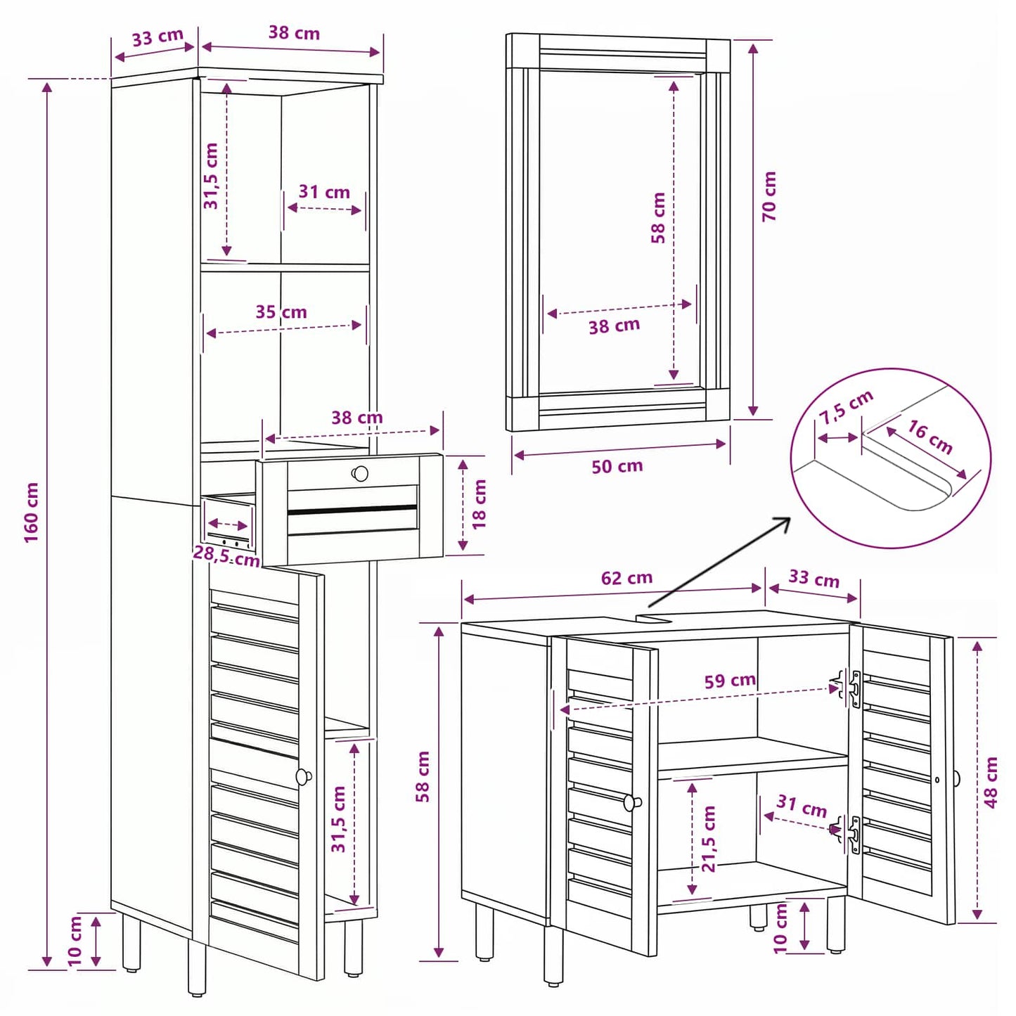 Badkamerkastenset 3 st Naturel 38 x 33 x 160 cm