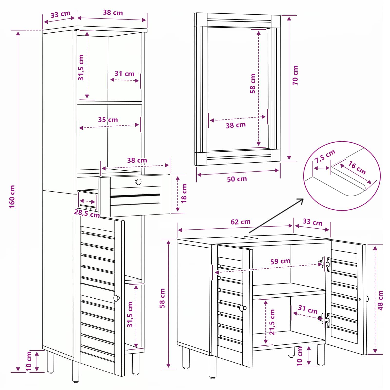 Badkamerkastenset 3 st Naturel 38 x 33 x 160 cm