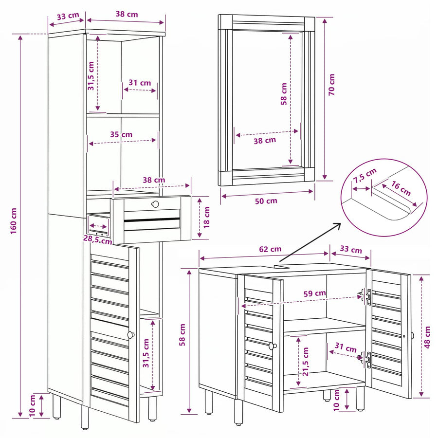 Badkamerkastenset 3 st Naturel 38 x 33 x 160 cm