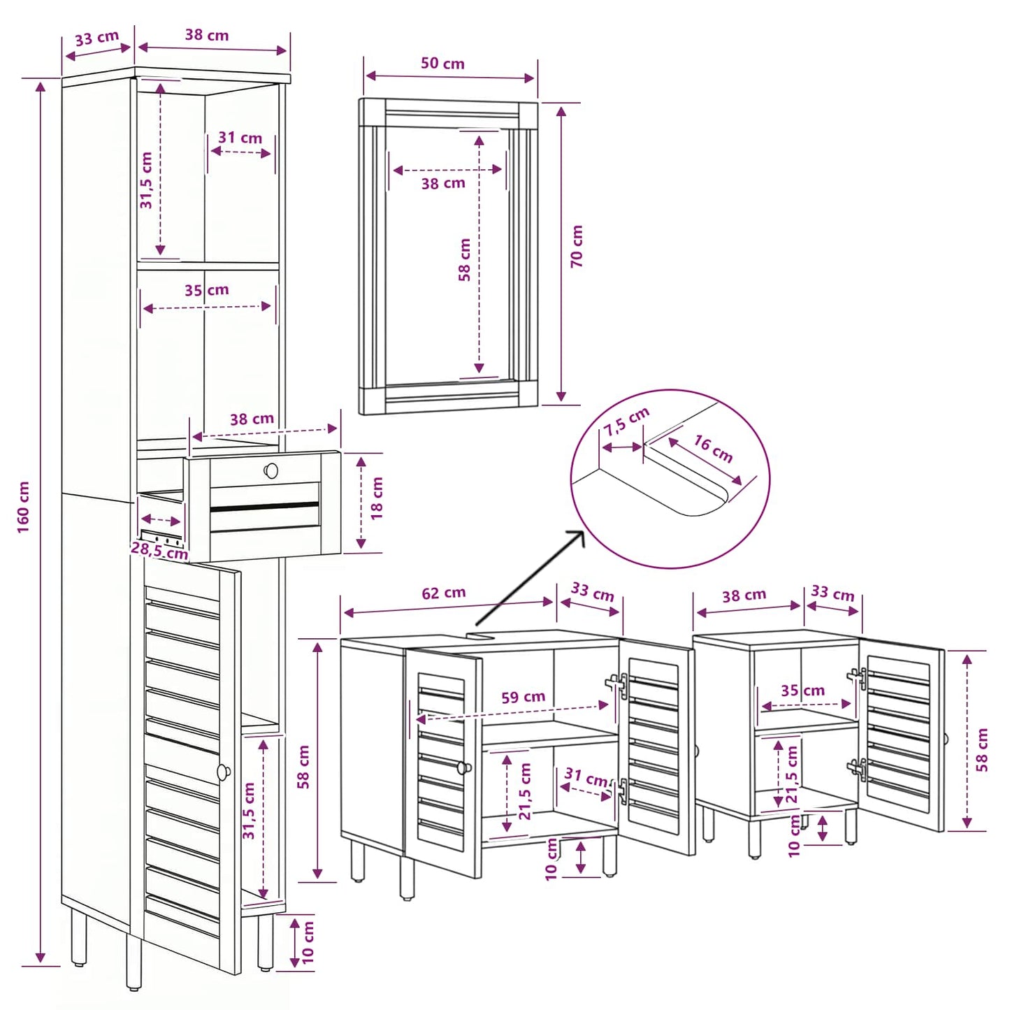 Badkamerkastenset 4 st Naturel 38 x 33 x 160 cm