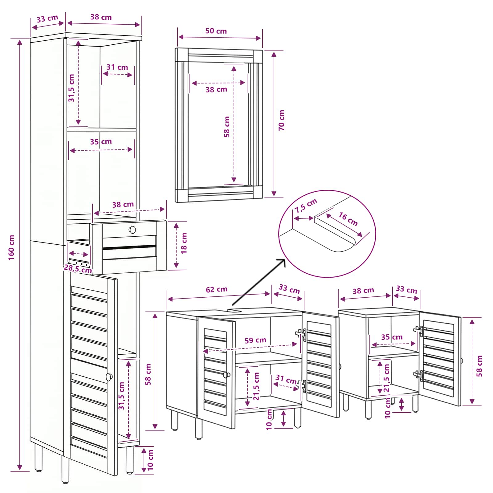 Badkamerkastenset 4 st Naturel 38 x 33 x 160 cm