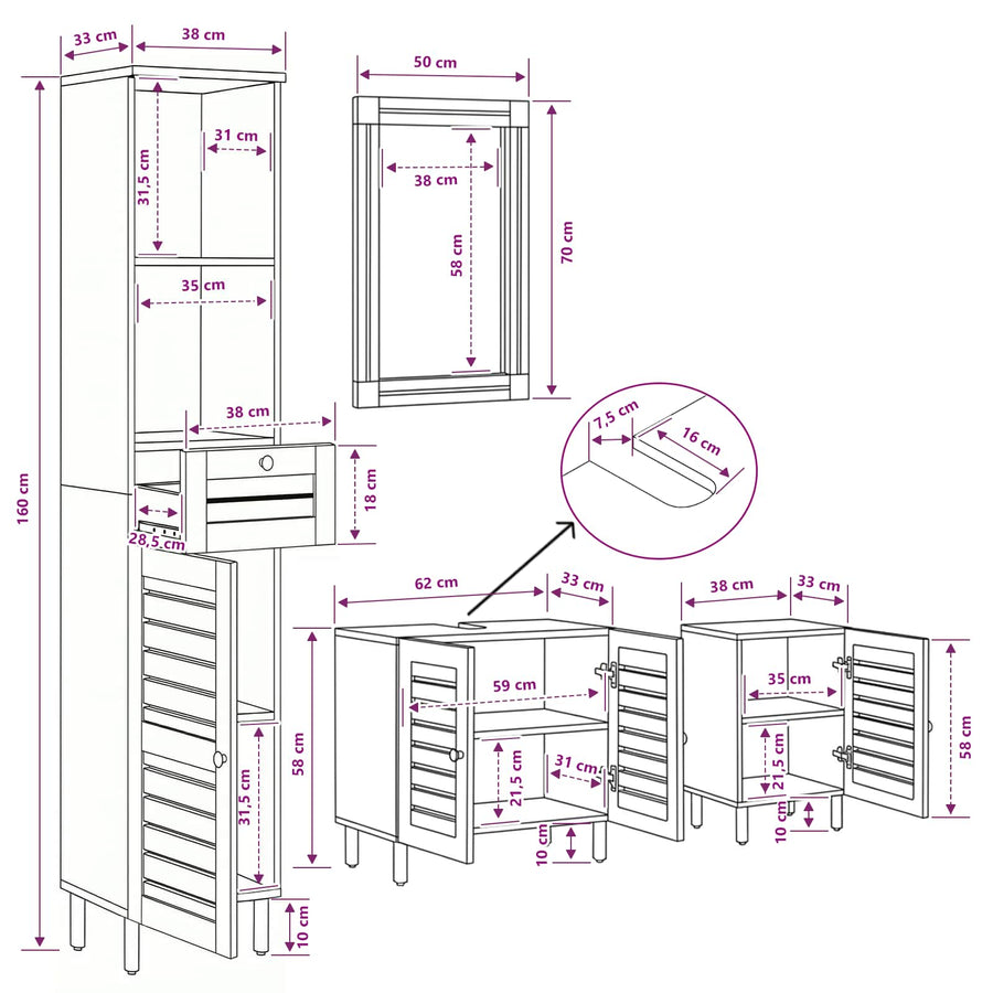 Badkamerkastenset 4 st Naturel 38 x 33 x 160 cm
