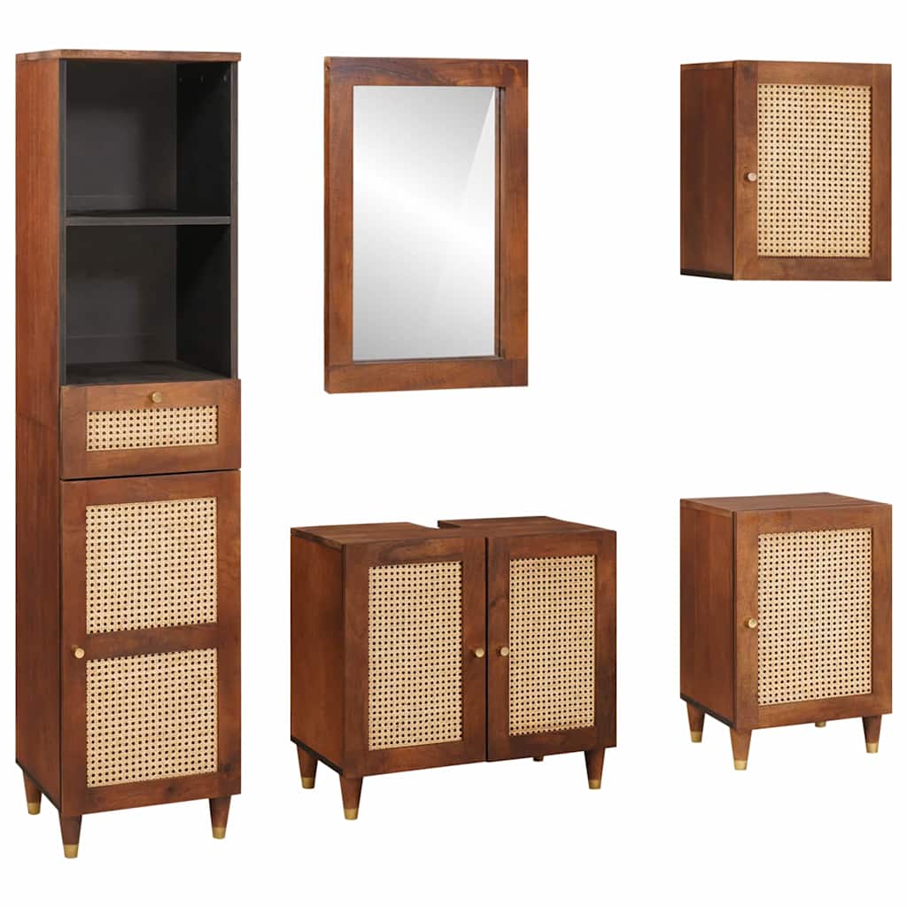 Badkamerkast Met Lade 5 Pcs Bruin En Zwart Massief Mango Hout