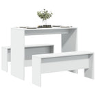 3-piece Dining Table and Bench Set carved wood white