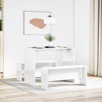 3-delige Eettafel en bankenset bewerkt hout hoogglans wit