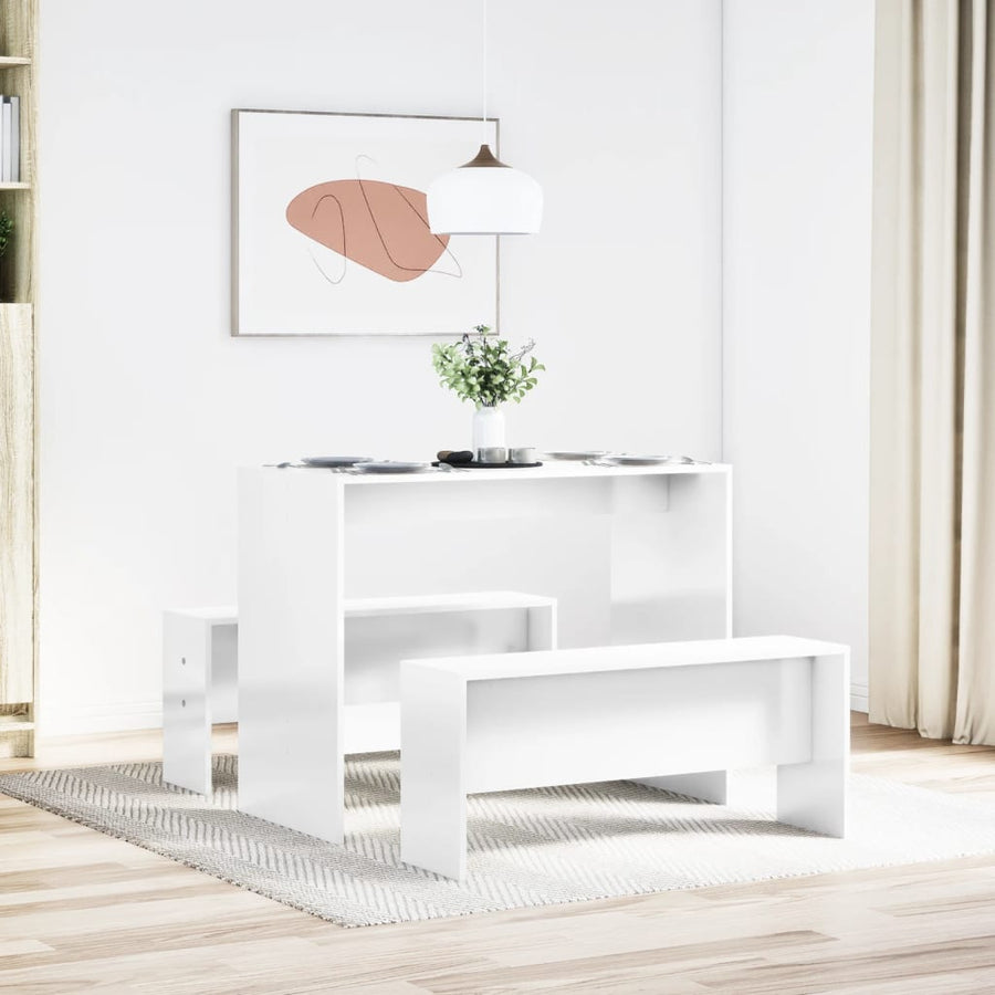 3-delige Eettafel en bankenset bewerkt hout hoogglans wit