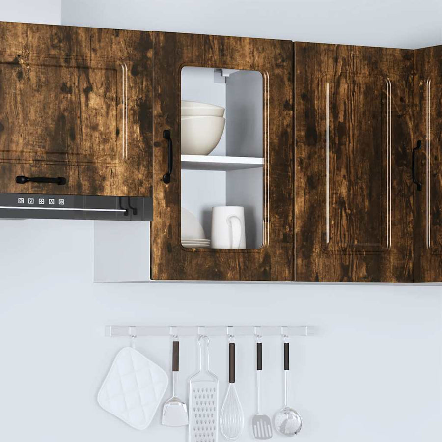 Keukenwandkast met glazen deur bewerkt hout gerookt eikenkleur
