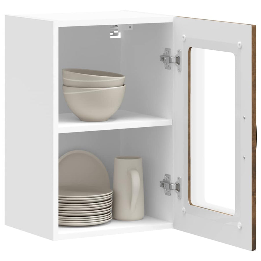 Keukenwandkast met glazen deur bewerkt hout gerookt eikenkleur