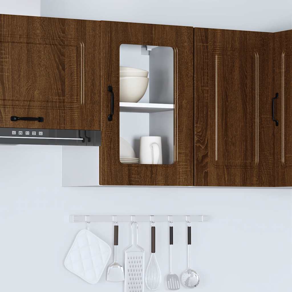 Keukenwandkast met glazen deur bewerkt hout bruin eikenkleur