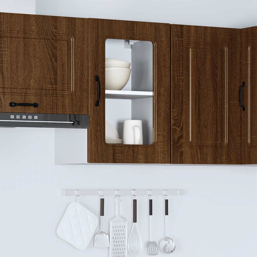 Keukenwandkast met glazen deur bewerkt hout bruin eikenkleur