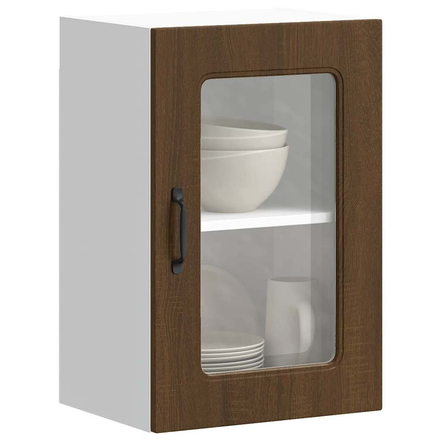 Keukenwandkast met glazen deur bewerkt hout bruin eikenkleur