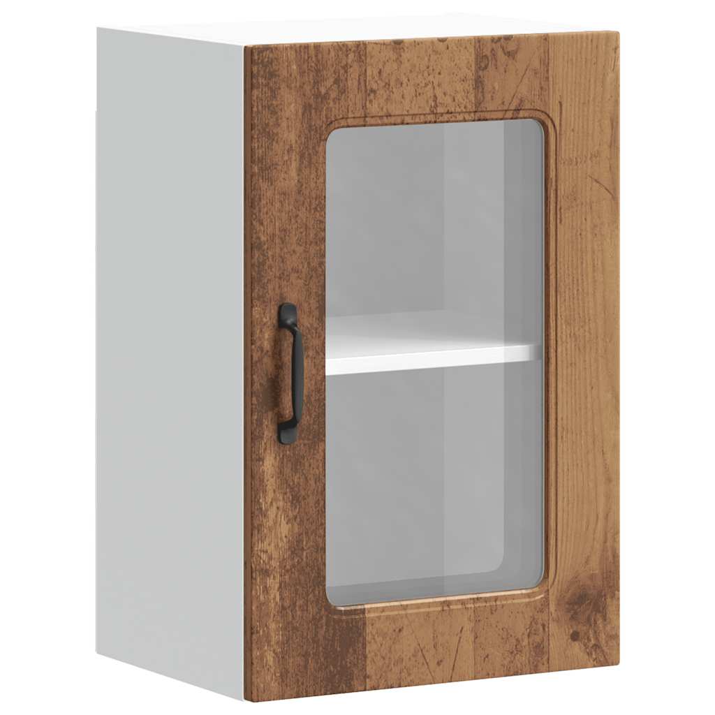 Keukenwandkast met glazen deur bewerkt hout oud houtkleurig